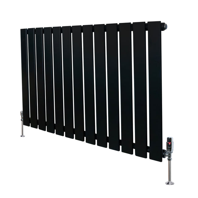 Sleek black flat single column radiator with vertical slats and polished valves, measuring 600mm x 910mm, ideal for modern spaces