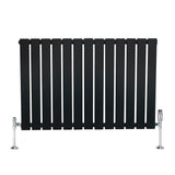 Sleek black flat single column radiator with vertical slats and chrome valves, measuring 600mm x 910mm, ideal for modern interiors