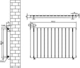 Flat black single column radiator with dimensions 600mm x 910mm, featuring vertical slats and included valve fittings for easy installation