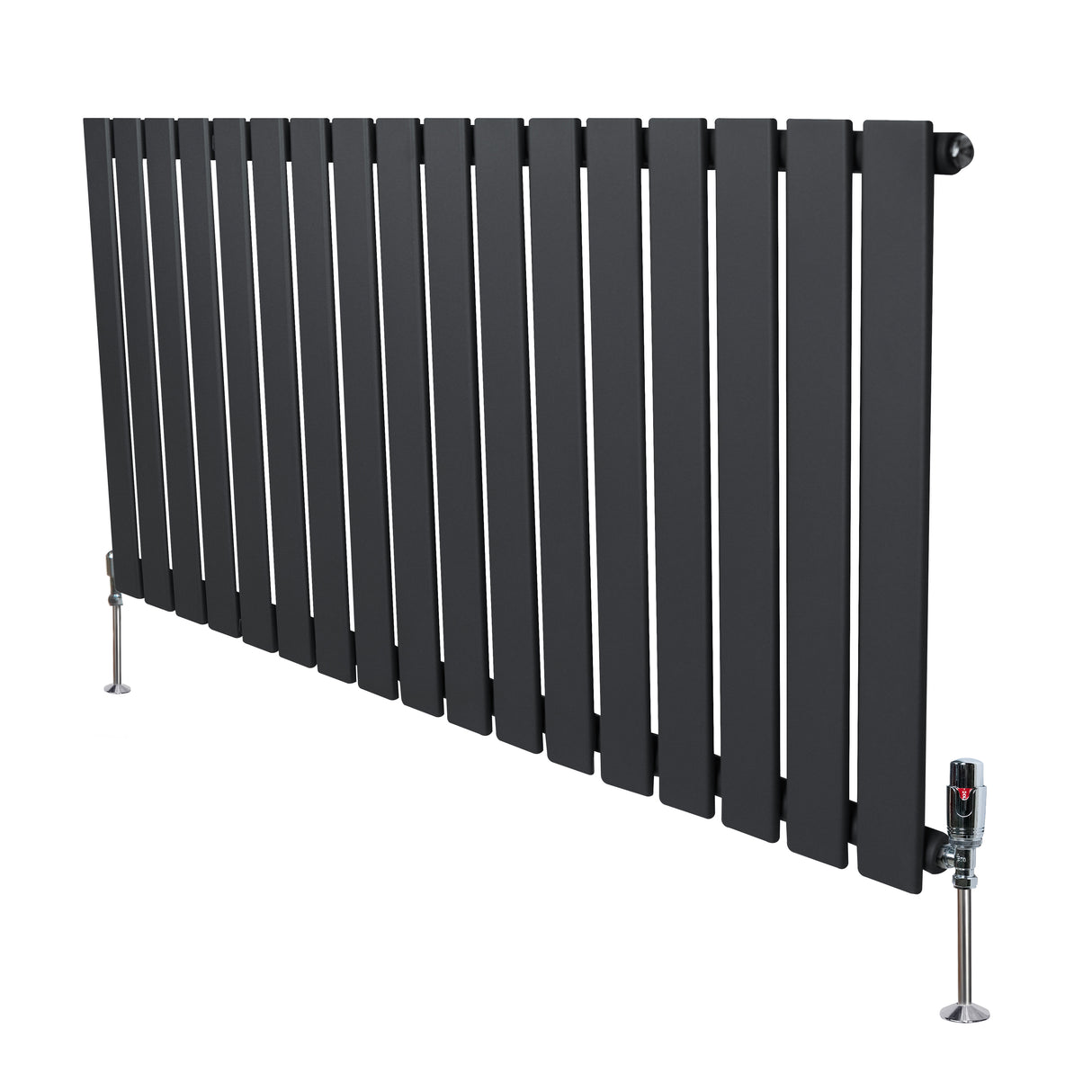Flat single column radiator in anthracite grey, featuring sleek vertical slats and polished valves, ideal for modern interiors