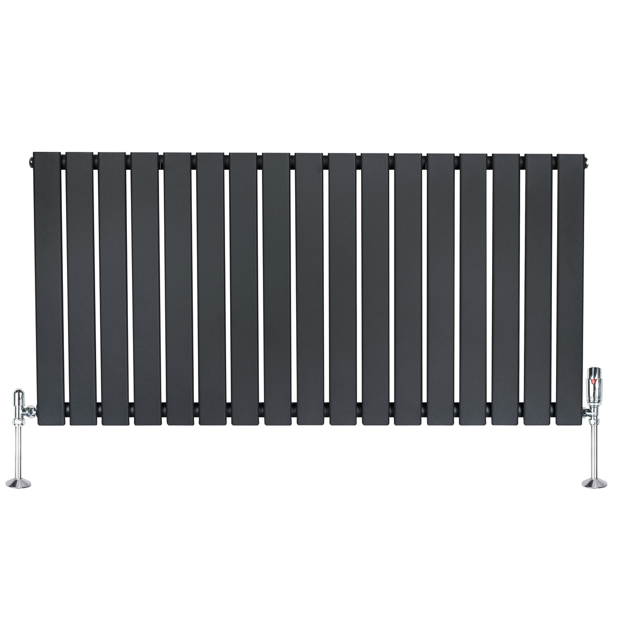 Flat single column radiator in anthracite grey, featuring vertical slats and chrome valves, ideal for modern interiors
