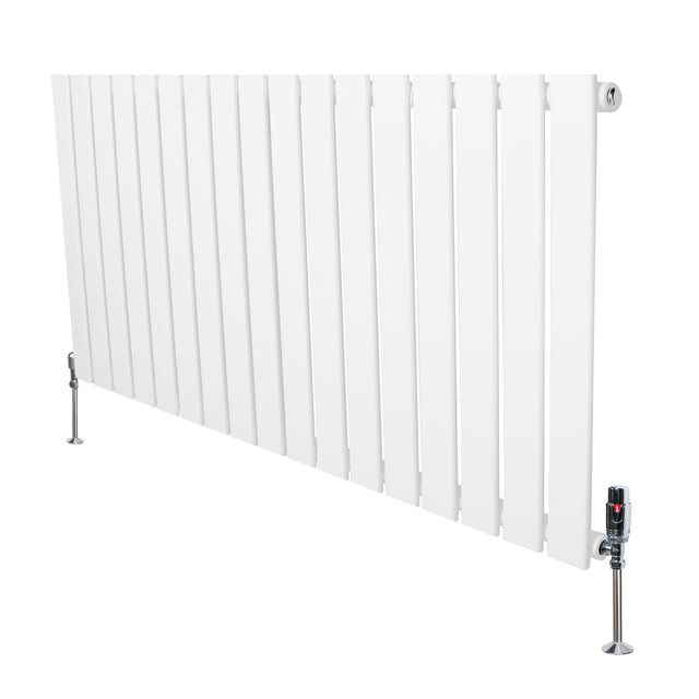 Sleek white flat single column radiator with vertical slats and valves, measuring 600mm x 1190mm, ideal for modern interiors