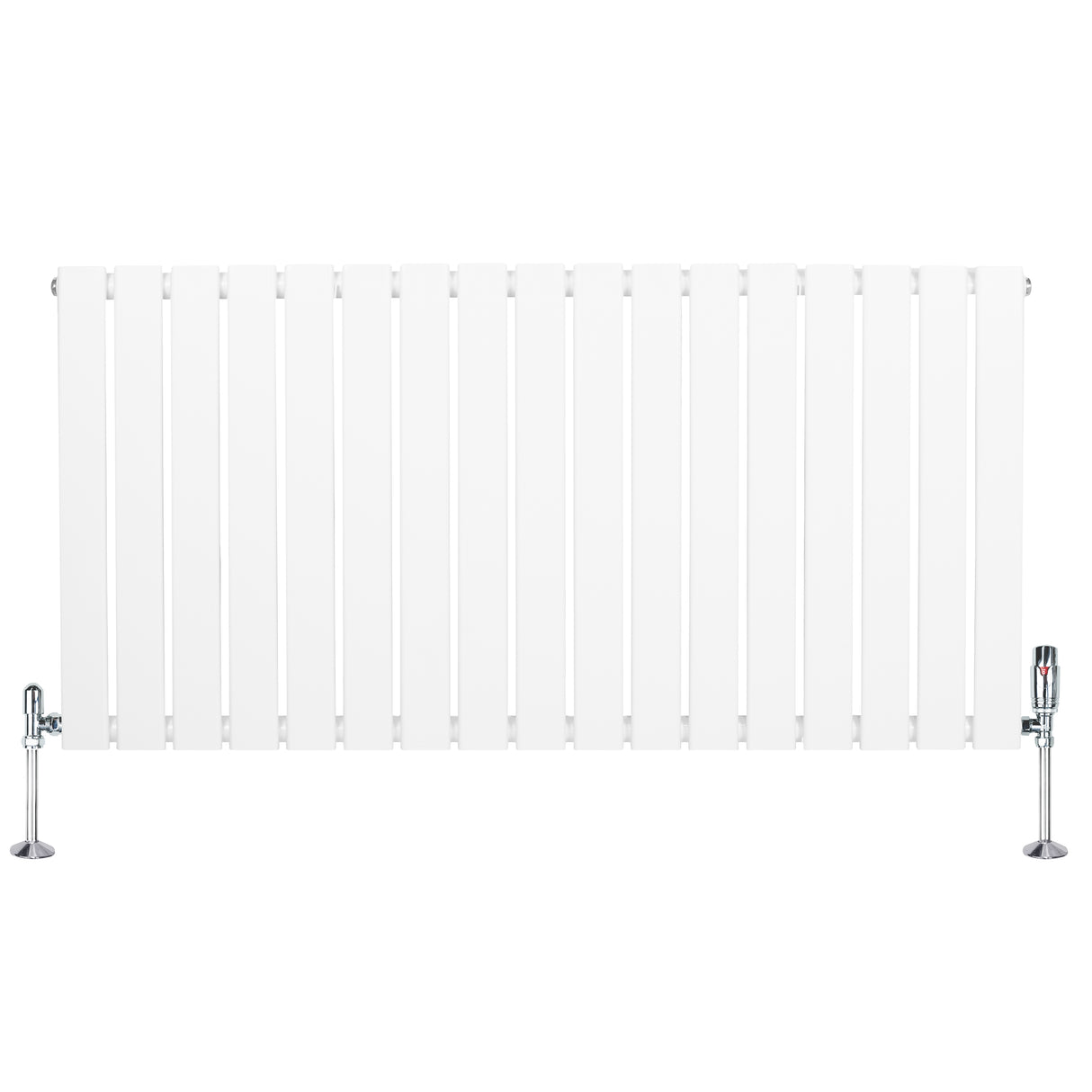 Flat white single column radiator with sleek vertical slats and chrome valves, measuring 600mm x 1190mm, ideal for modern interiors