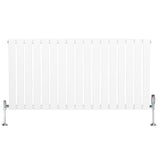 Flat white single column radiator with sleek vertical slats and chrome valves, measuring 600mm x 1190mm, ideal for modern interiors