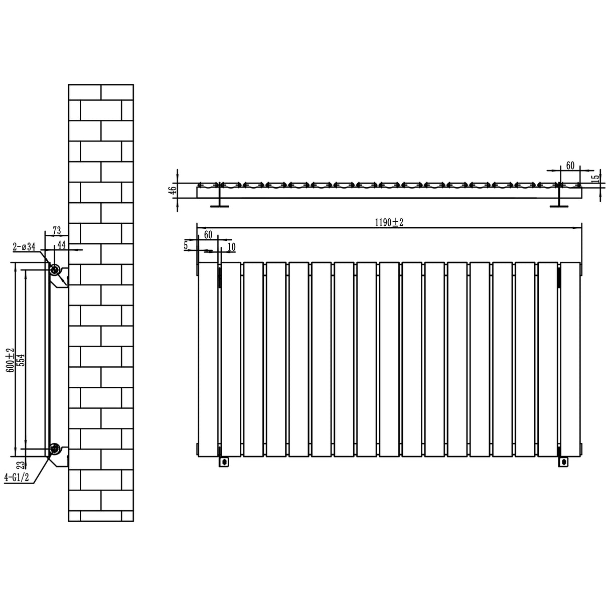 Flat white single column radiator with detailed dimensions, showcasing a sleek design and smooth surface texture for modern interiors
