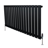 Sleek black flat single column radiator with vertical slats and chrome valves, measuring 600mm x 1190mm, ideal for modern interiors