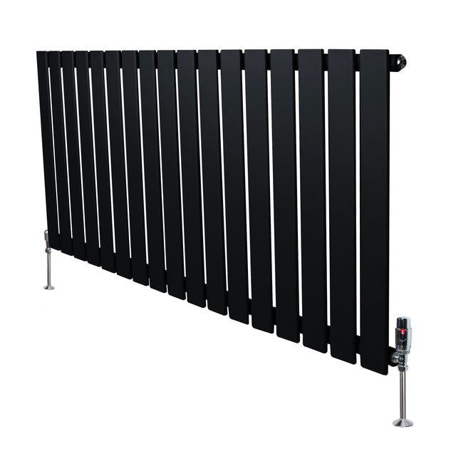 Sleek black flat single column radiator with vertical slats and chrome valves, measuring 600mm x 1190mm, ideal for modern interiors