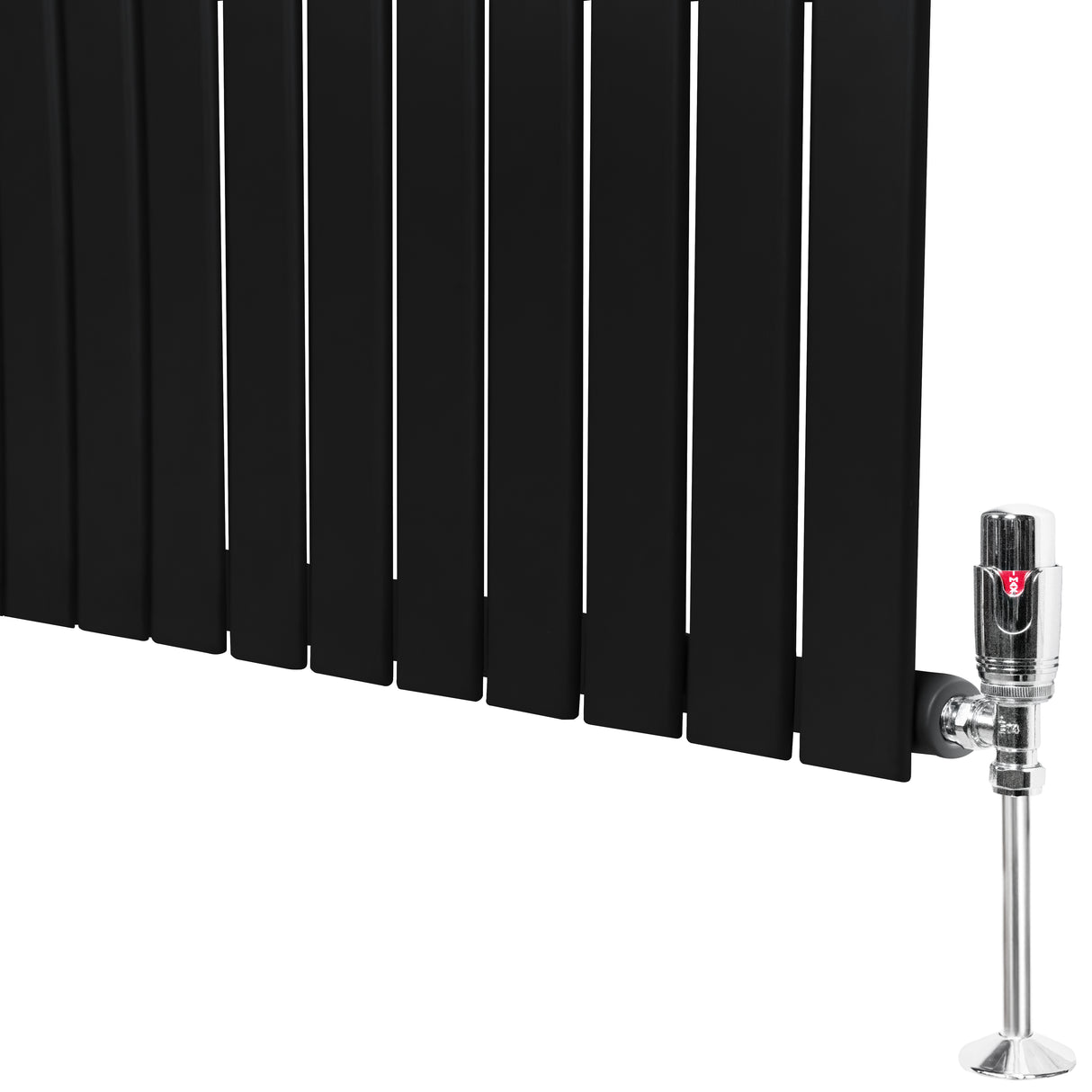 Sleek black flat single column radiator with vertical slats and polished valve, measuring 600mm x 1190mm, ideal for modern spaces