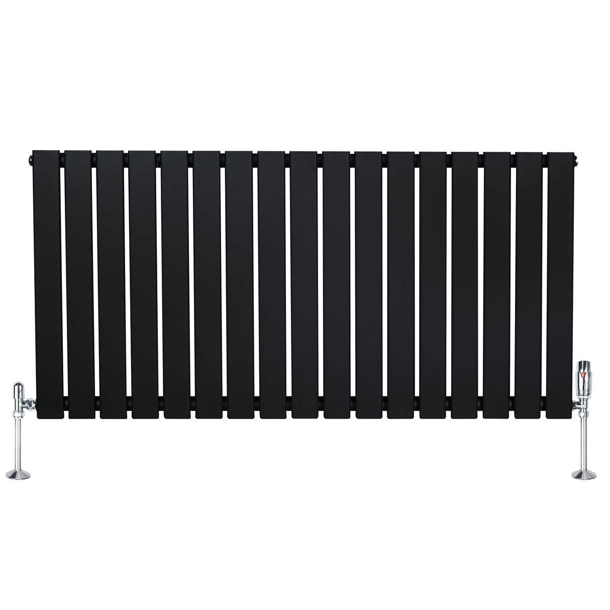 Sleek black flat single column radiator with vertical slats, featuring chrome valves on both sides for modern heating solutions