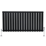 Sleek black flat single column radiator with vertical slats, featuring chrome valves on both sides for modern heating solutions