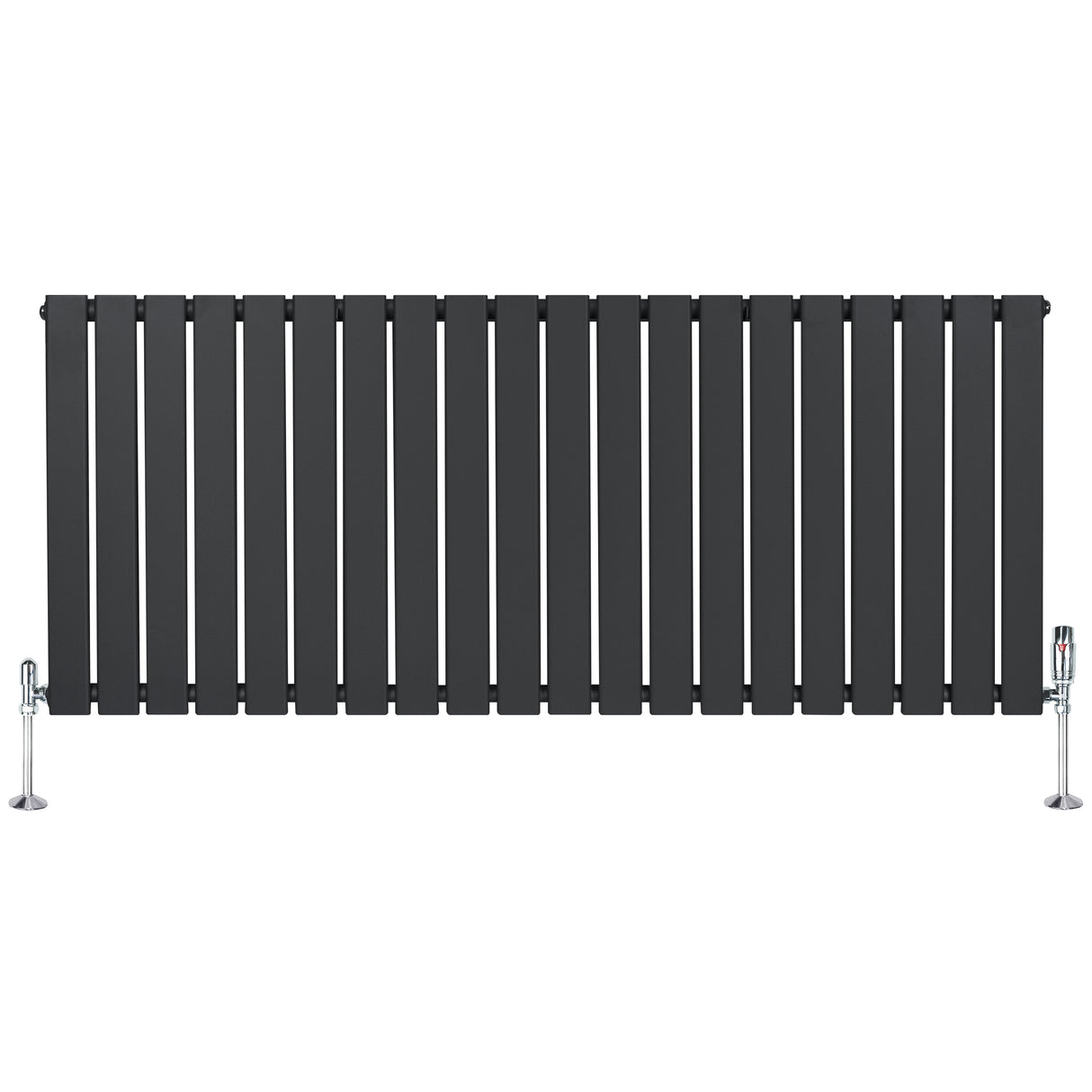 Flat single column radiator in anthracite grey, featuring sleek vertical slats and chrome valves, ideal for modern interiors