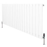 Sleek white flat single column radiator with vertical slats and chrome valves, measuring 600mm x 1400mm, ideal for modern interiors