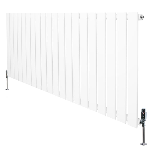 Sleek white flat single column radiator with vertical slats and chrome valves, measuring 600mm x 1400mm, ideal for modern interiors