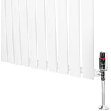 Sleek white flat single column radiator with polished chrome valves, measuring 600mm x 1400mm, featuring smooth vertical panels