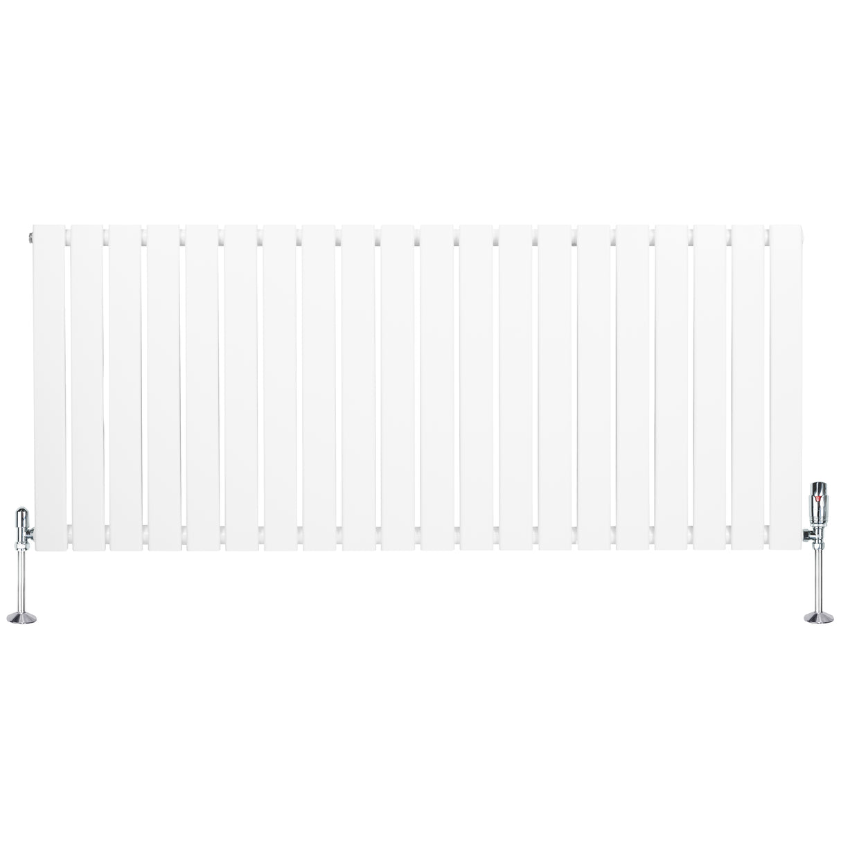 Sleek white flat single column radiator with vertical slats, measuring 600mm x 1400mm, featuring stylish valves on each end