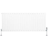 Sleek white flat single column radiator with vertical slats, measuring 600mm x 1400mm, featuring stylish valves on each end