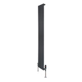 Sleek anthracite grey flat single column radiator, 1600mm x 280mm, featuring vertical slats and modern valve fittings