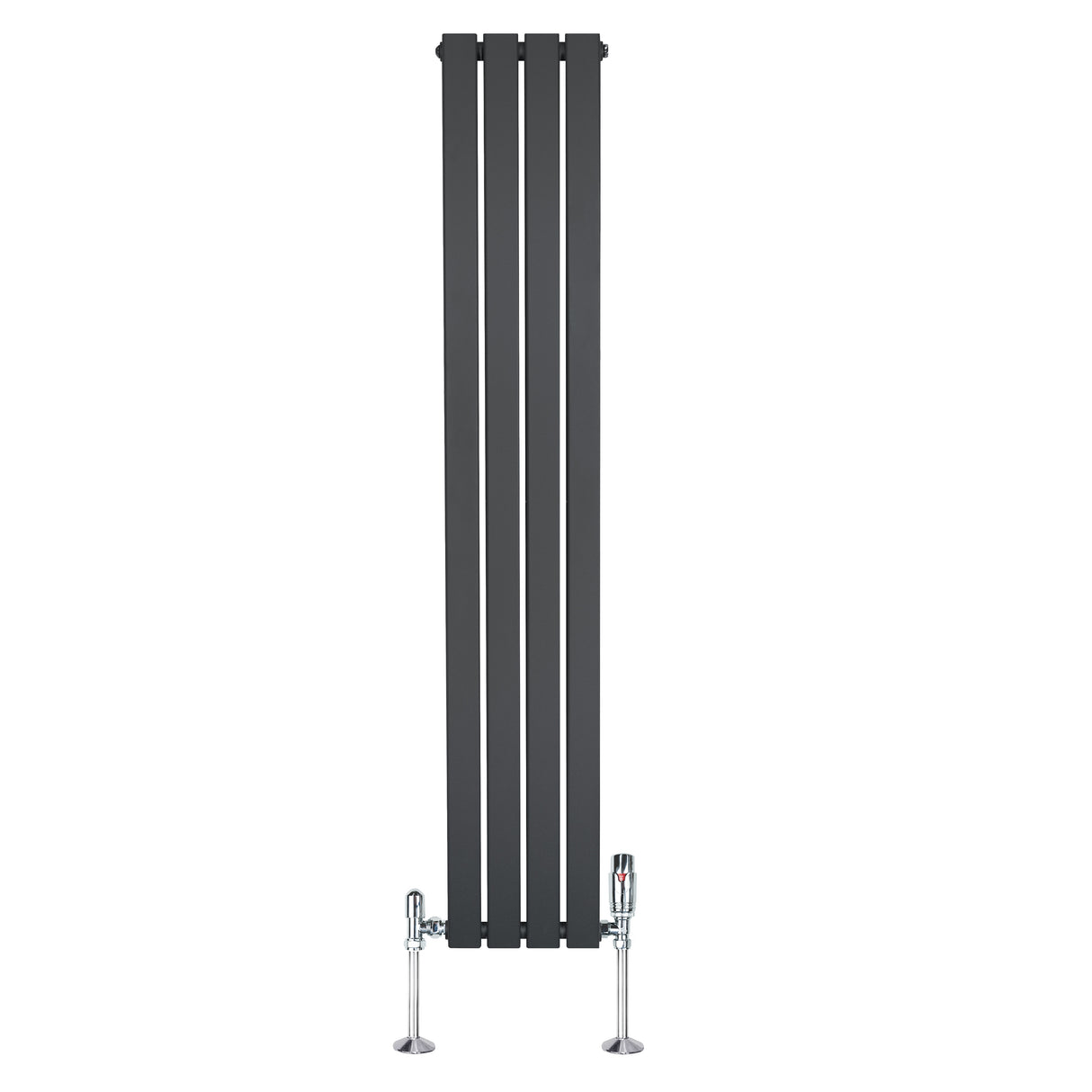 Sleek anthracite grey flat single column radiator, measuring 1600mm x 280mm, with polished chrome valves and a modern design