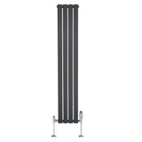 Sleek anthracite grey flat single column radiator, measuring 1600mm x 280mm, with polished chrome valves and a modern design