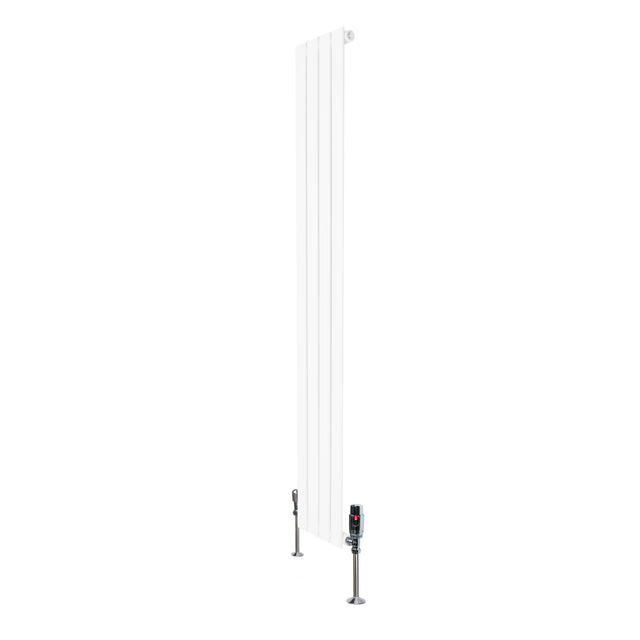 Sleek white flat single column radiator with valves, measuring 1600mm x 280mm, featuring a smooth, modern design and polished finish