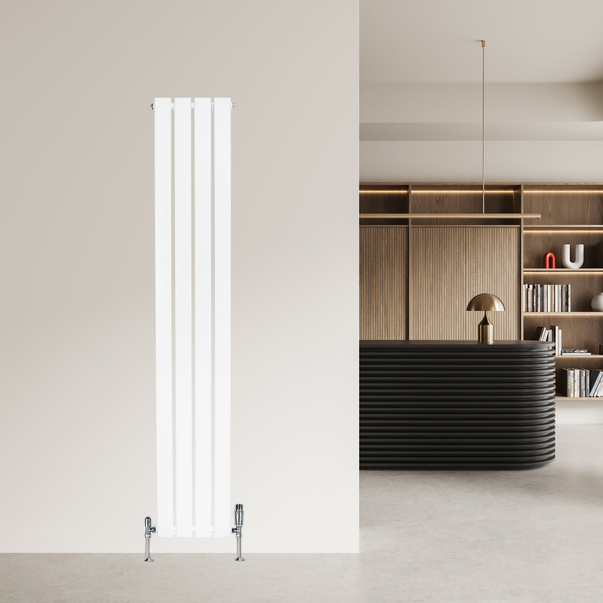 Sleek white flat single column radiator with chrome valves, positioned against a modern interior wall, enhancing contemporary decor