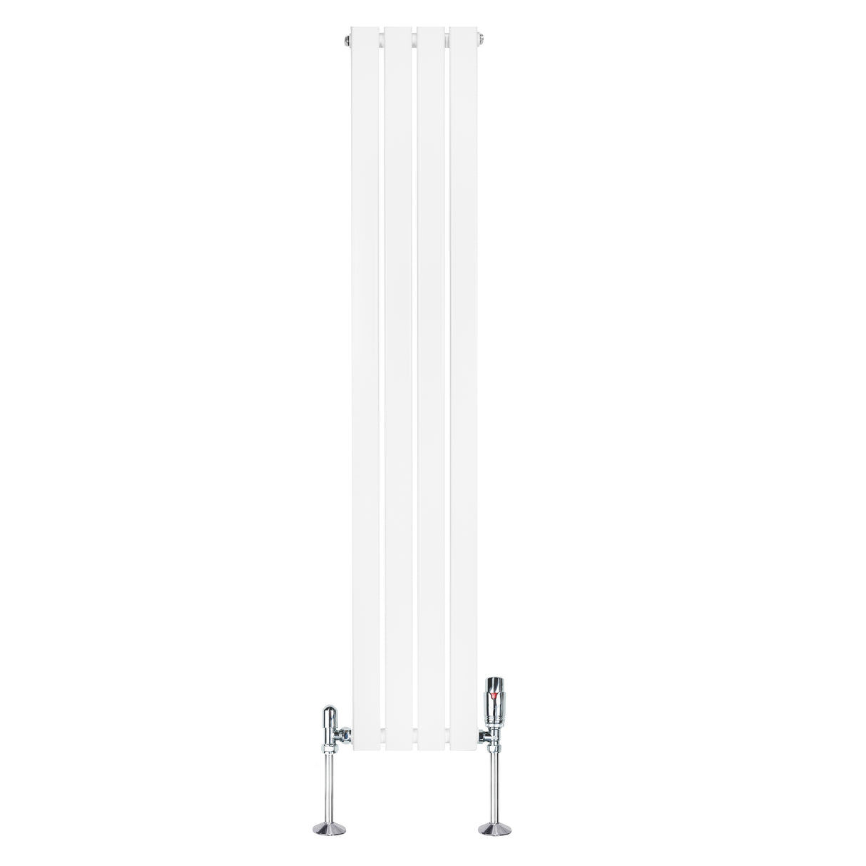 Sleek white flat single column radiator with chrome valves, measuring 1600mm x 280mm, featuring a smooth, modern design