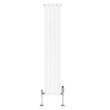 Sleek white flat single column radiator with chrome valves, measuring 1600mm x 280mm, featuring a smooth, modern design