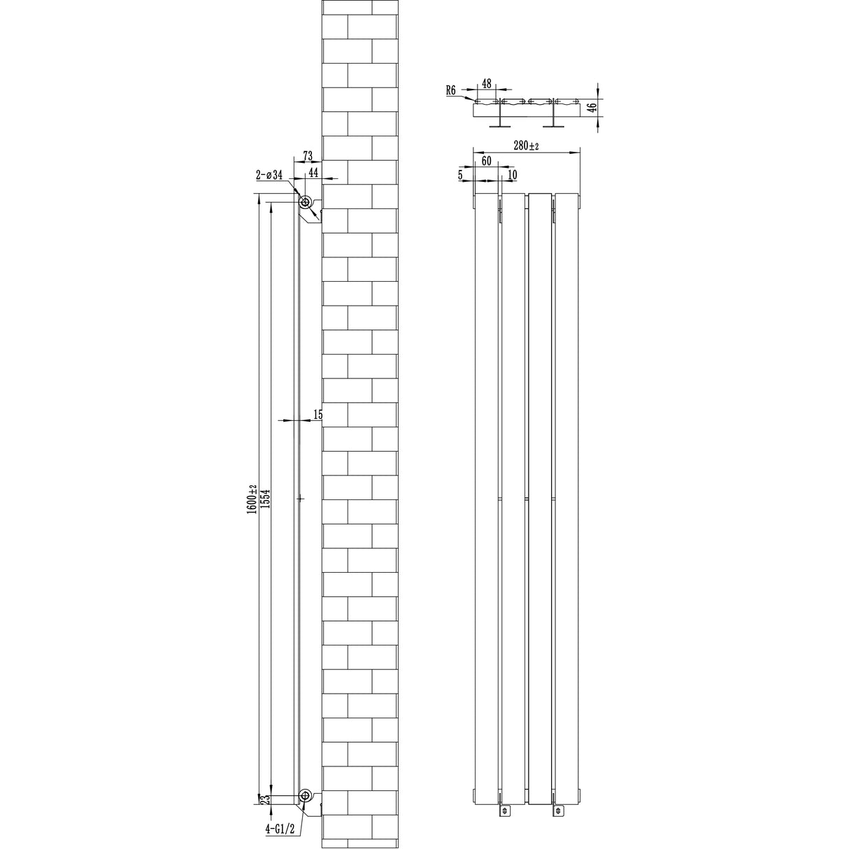 Flat white single column radiator with precise dimensions, showcasing sleek lines and a modern design suitable for any space