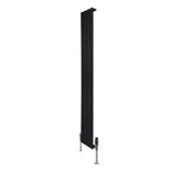 Sleek black flat single column radiator measuring 1600mm x 280mm, featuring modern vertical design and stylish valves