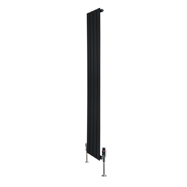 Sleek black flat single column radiator measuring 1600mm x 280mm, featuring modern vertical design and stylish valves