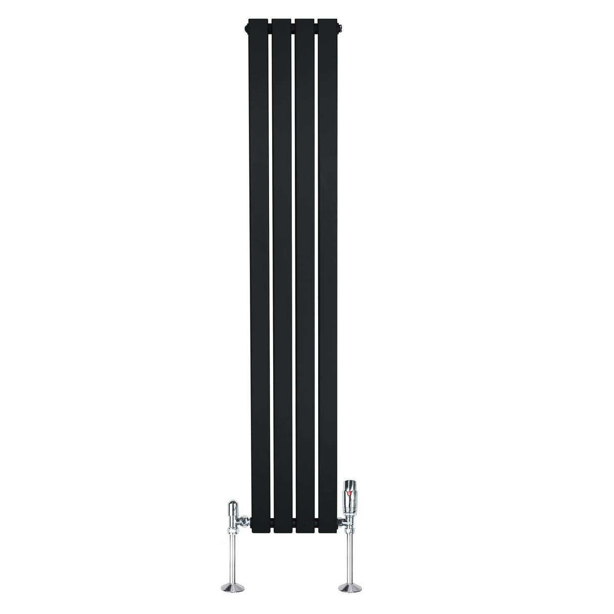 Sleek black flat single column radiator with four vertical panels and chrome valves, measuring 1600mm x 280mm, ideal for modern spaces