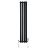 Sleek black flat single column radiator with four vertical panels and chrome valves, measuring 1600mm x 280mm, ideal for modern spaces