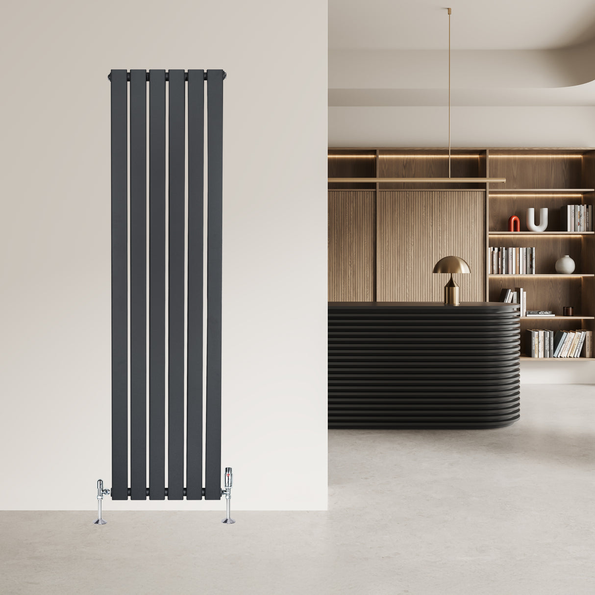 Sleek anthracite grey flat single column radiator with vertical stripes, mounted on a light wall in a modern interior setting