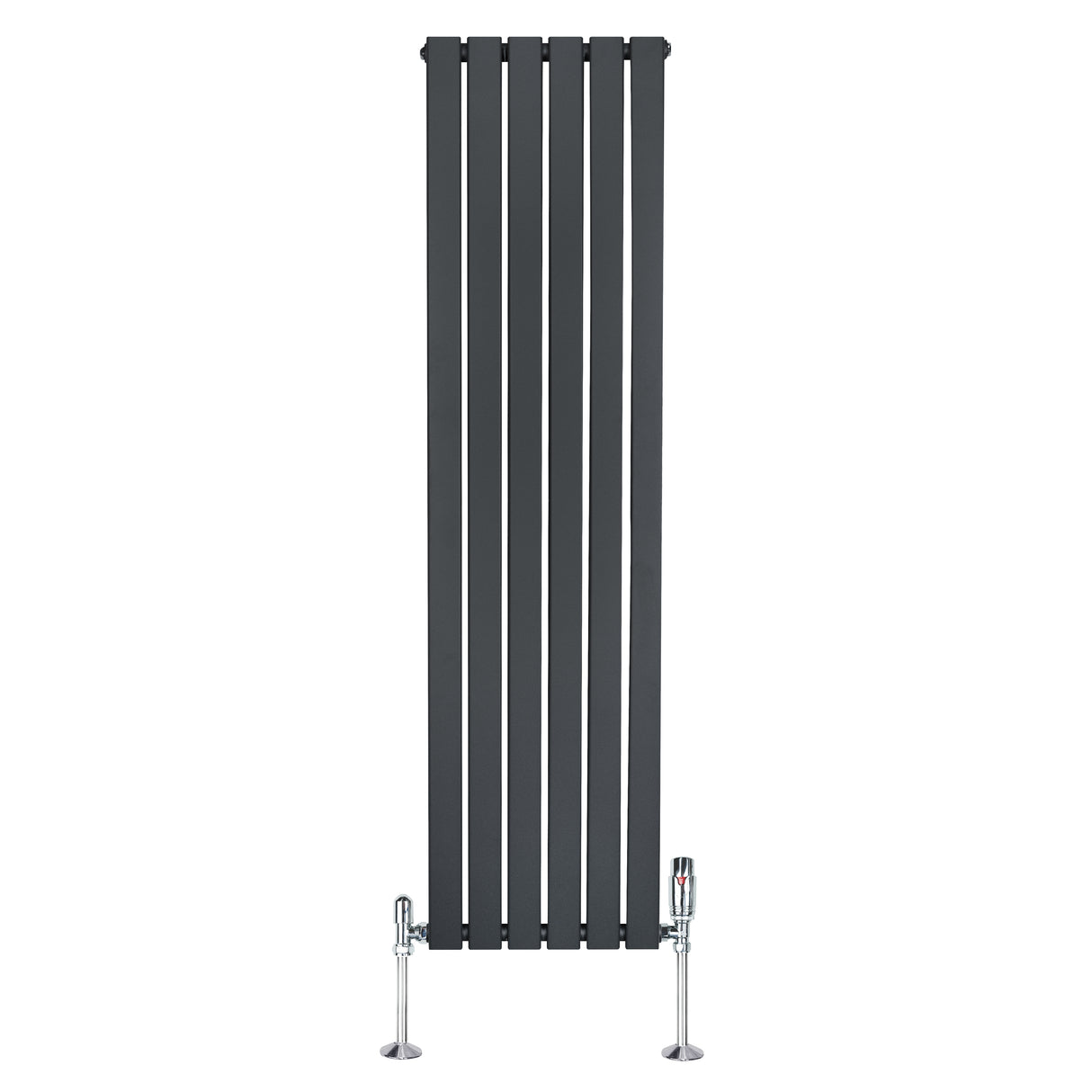 Tall anthracite grey flat single column radiator with sleek vertical lines and polished chrome valves at the base, ideal for modern spaces