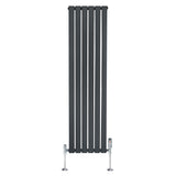 Tall anthracite grey flat single column radiator with sleek vertical lines and polished chrome valves at the base, ideal for modern spaces