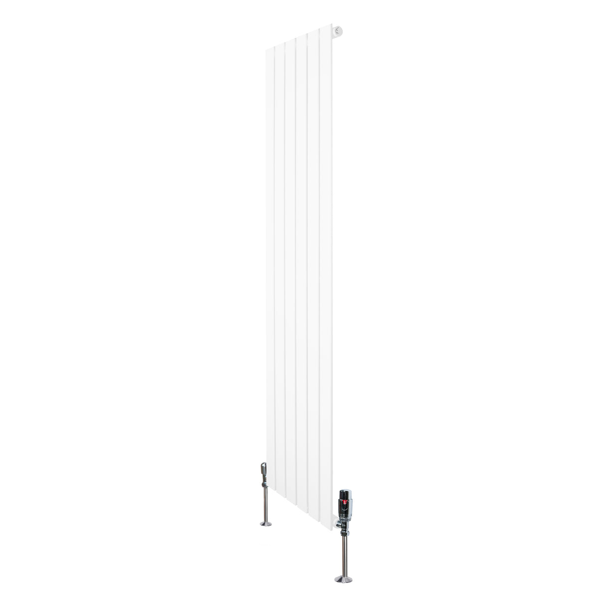 Sleek white flat single column radiator with vertical lines and valves, measuring 1600mm x 420mm, ideal for modern interiors