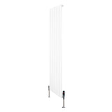 Sleek white flat single column radiator with vertical lines and valves, measuring 1600mm x 420mm, ideal for modern interiors