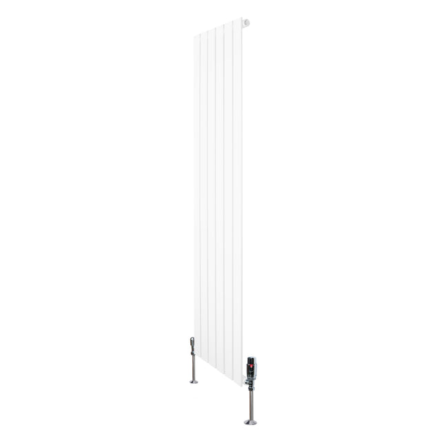 Sleek white flat single column radiator with vertical lines and valves, measuring 1600mm x 420mm, ideal for modern interiors