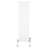 Sleek white flat single column radiator with vertical panels, measuring 1600mm x 420mm, featuring chrome valves for modern decor