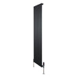 Sleek black flat single column radiator with vertical slats, measuring 1600mm x 420mm, featuring stylish valves at the base