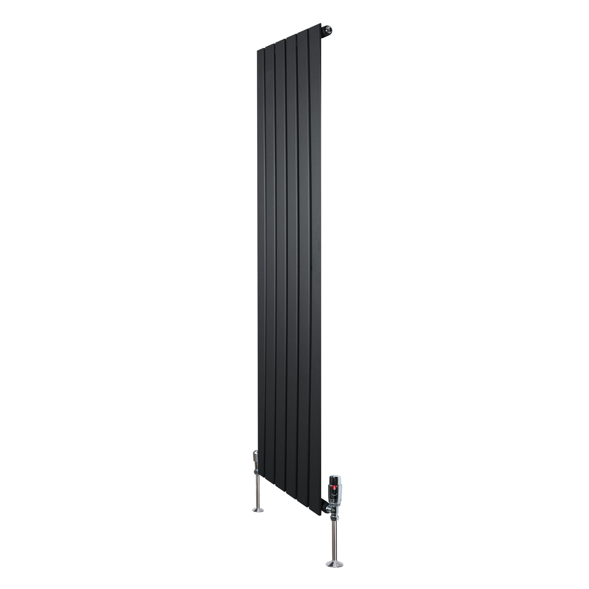 Sleek black flat single column radiator with vertical slats, measuring 1600mm x 420mm, featuring stylish valves at the base