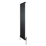 Sleek black flat single column radiator with vertical slats, measuring 1600mm x 420mm, featuring stylish valves at the base