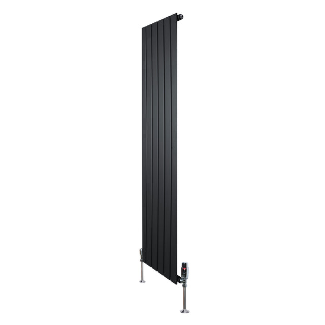 Sleek black flat single column radiator with vertical slats, measuring 1600mm x 420mm, featuring stylish valves at the base
