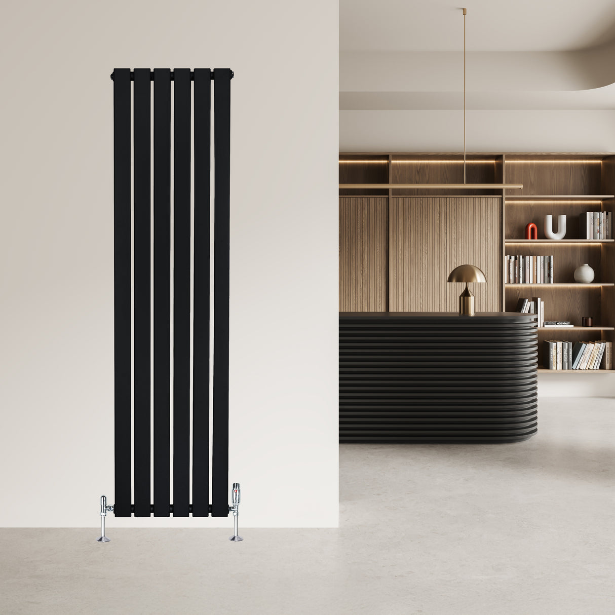 Sleek black flat single column radiator with vertical slats, mounted on a light wall, complemented by stylish valves and modern decor
