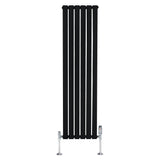 Sleek black flat single column radiator with vertical slats, measuring 1600mm x 420mm, complemented by chrome valves