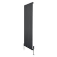 Sleek anthracite grey flat single column radiator with vertical slats, measuring 1600mm x 560mm, featuring stylish valves