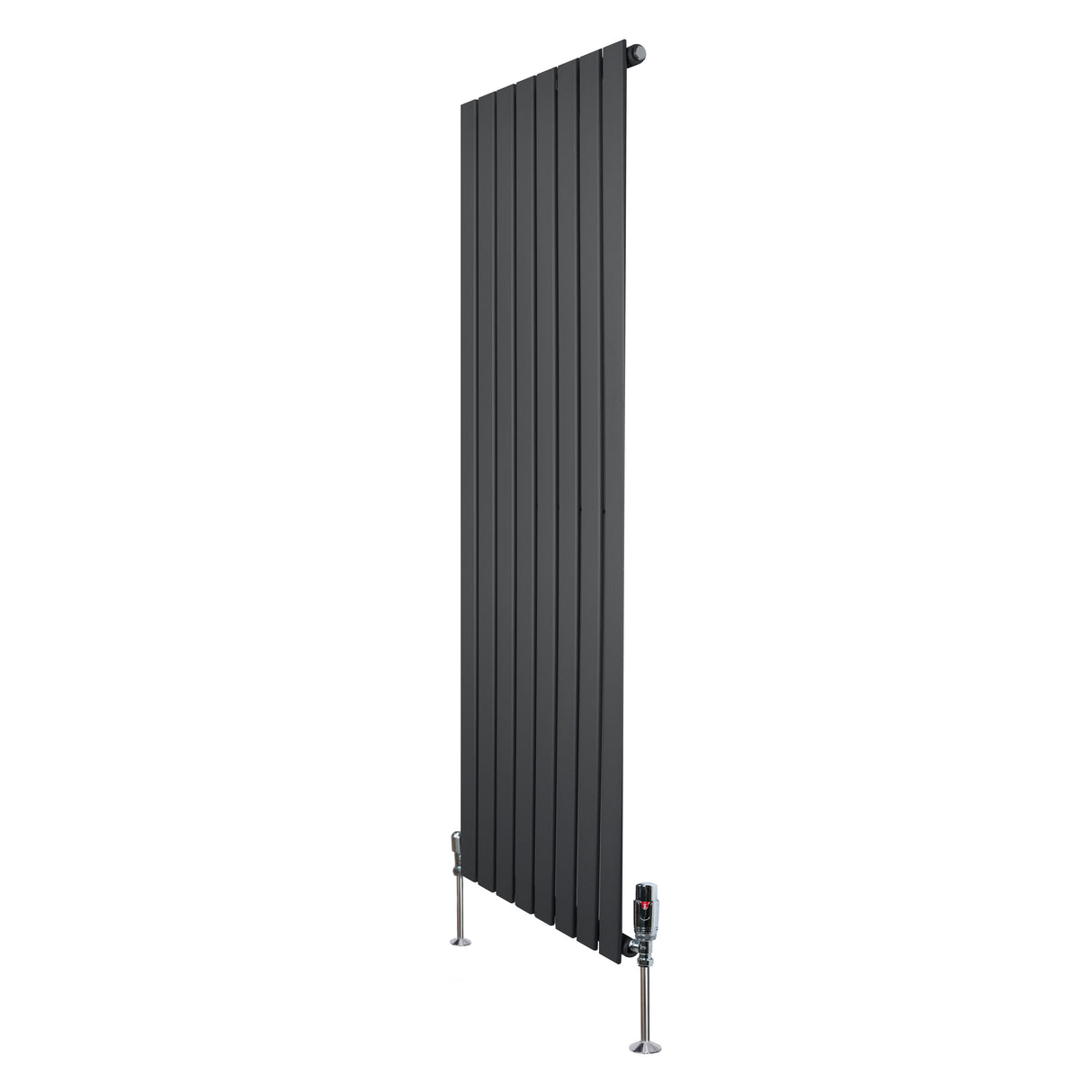 Sleek anthracite grey flat single column radiator with vertical slats, measuring 1600mm x 560mm, featuring stylish valves