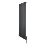 Sleek anthracite grey flat single column radiator with vertical slats, measuring 1600mm x 560mm, featuring stylish valves