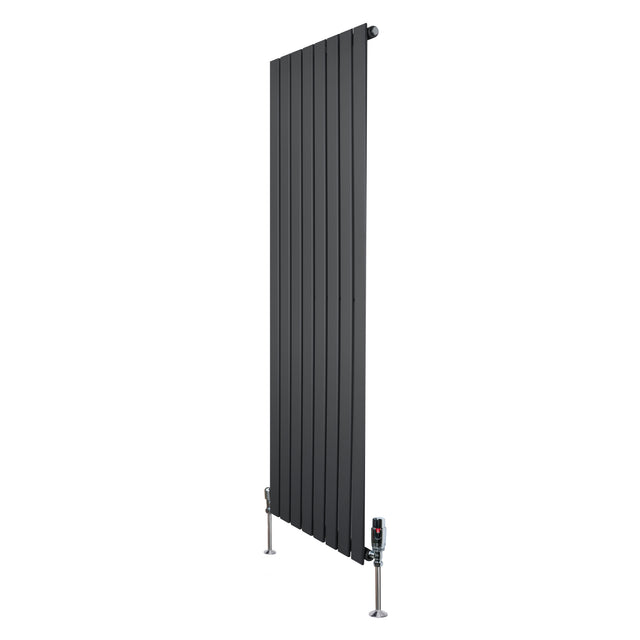 Sleek anthracite grey flat single column radiator with vertical slats, measuring 1600mm x 560mm, featuring stylish valves