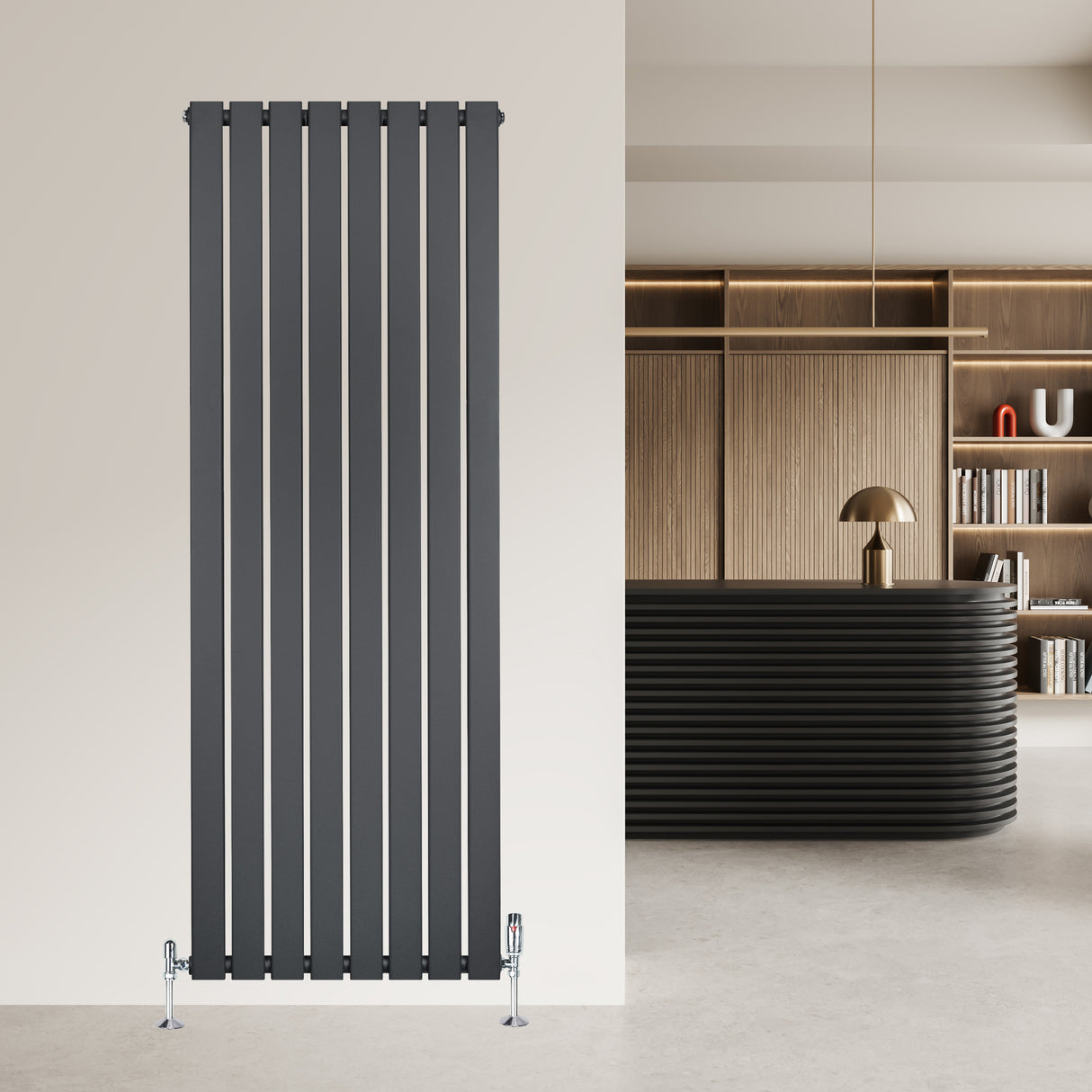 Sleek anthracite grey flat single column radiator with vertical slats, mounted on a light wall, complemented by modern valves